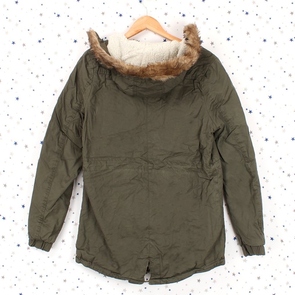 Olive Faux Fur Hooded Sherpa Lined Utility Jacket - Picture 3 of 16